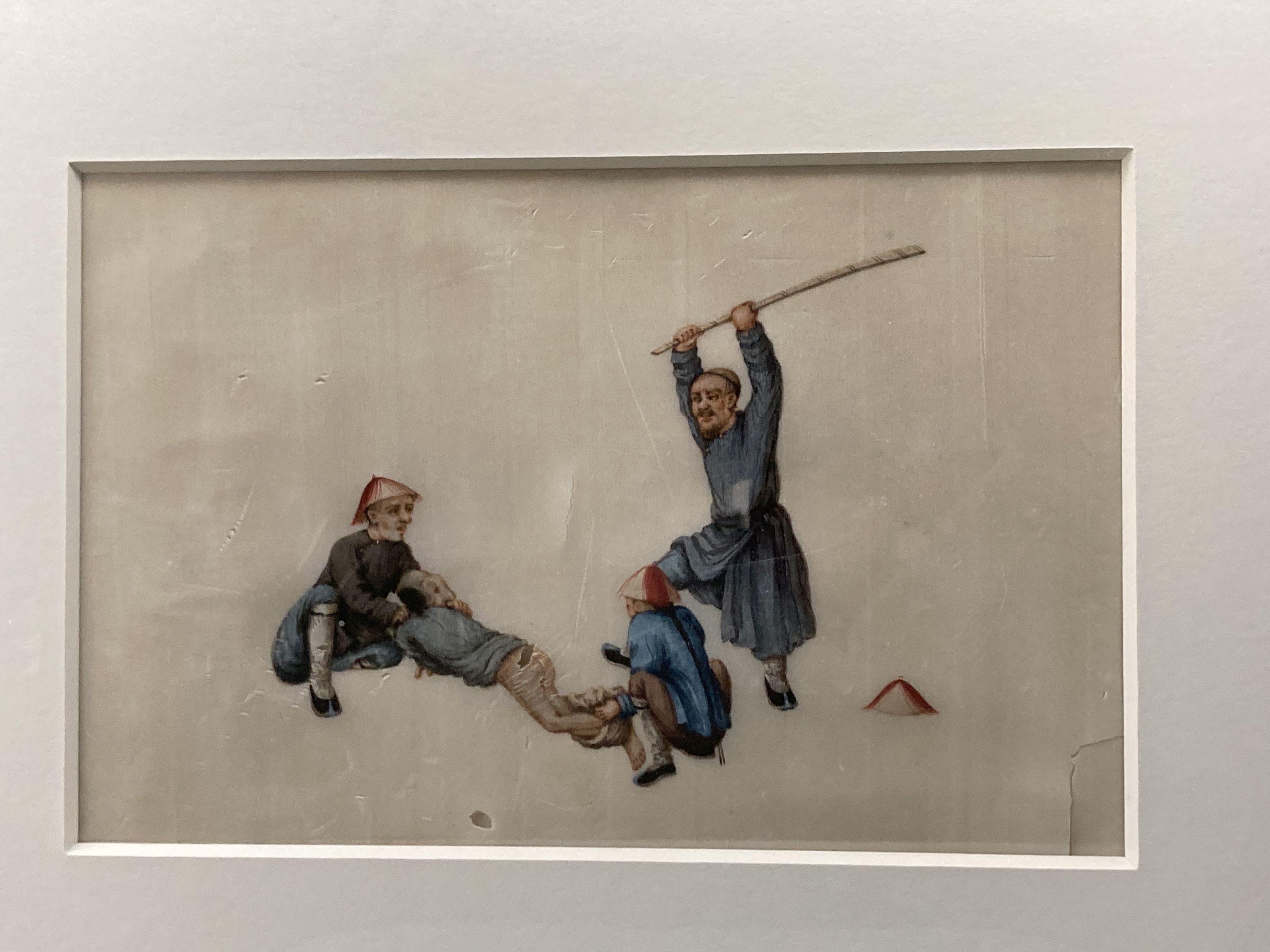 Chinese School c.1900, four gouache on pith paper, Execution and torture scenes, 15 x 22cm
